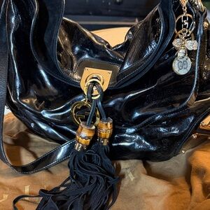 Gucci Black Patent Leather Hobo Bag Gold Hardware Tassel